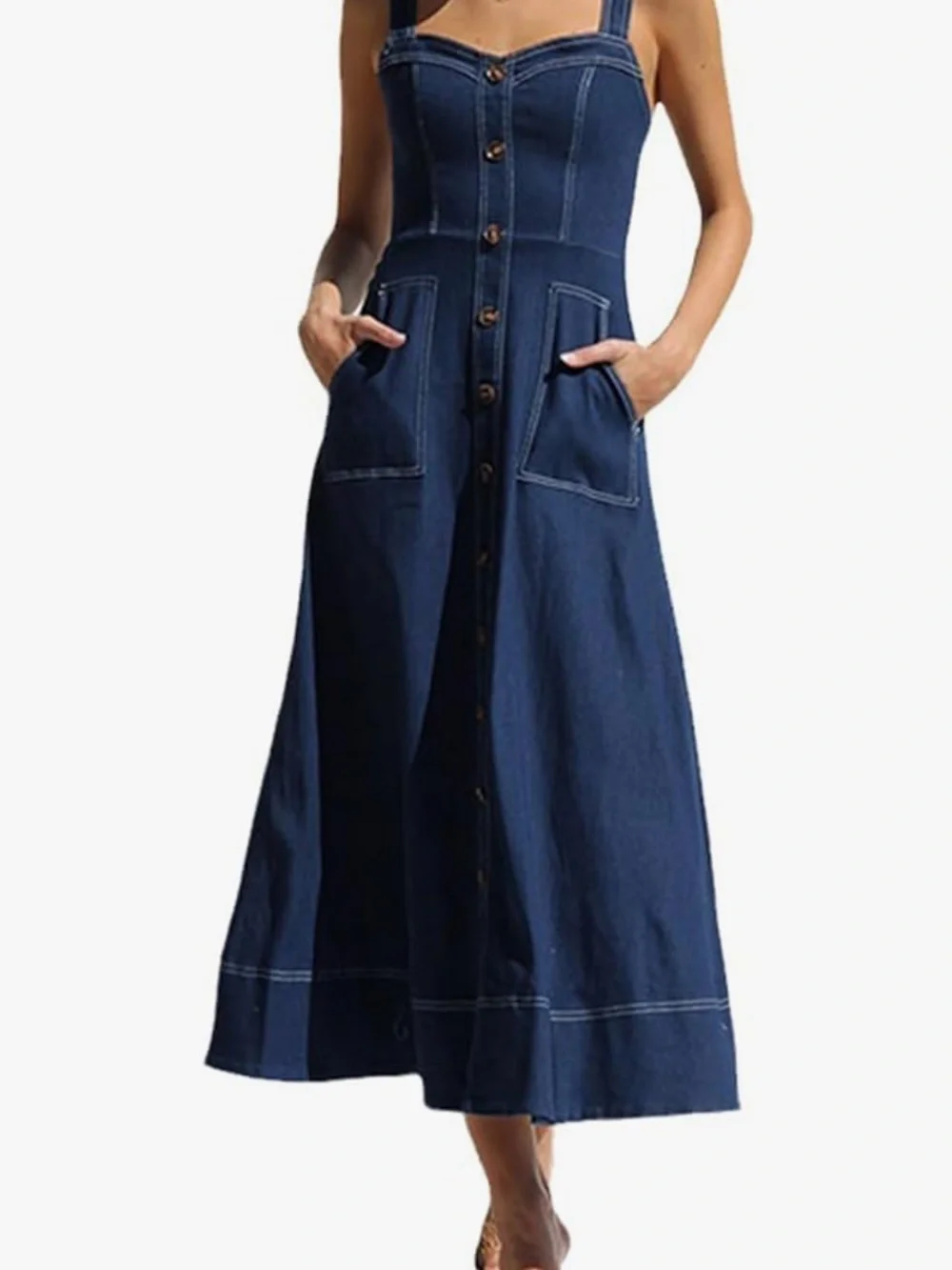 Button-Front Denim Maxi Dress with Square Neck - Blue